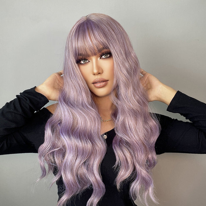 Wavy Synthetic Wigs with Bangs Colorful Purple Wigs for Women Daily Heat