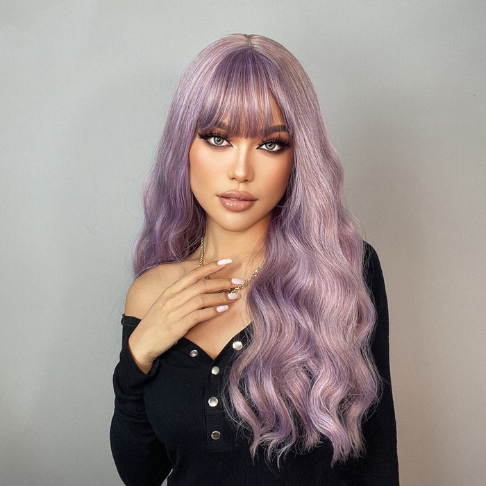 Wavy Synthetic Wigs with Bangs Colorful Purple Wigs for Women Daily Heat