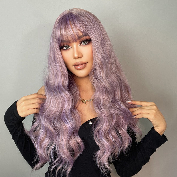 Wavy Synthetic Wigs with Bangs Colorful Purple Wigs for Women Daily Heat