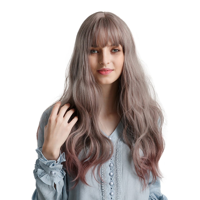 Wavy Synthetic Wigs with Bangs Colorful Purple Wigs for Women Daily Heat