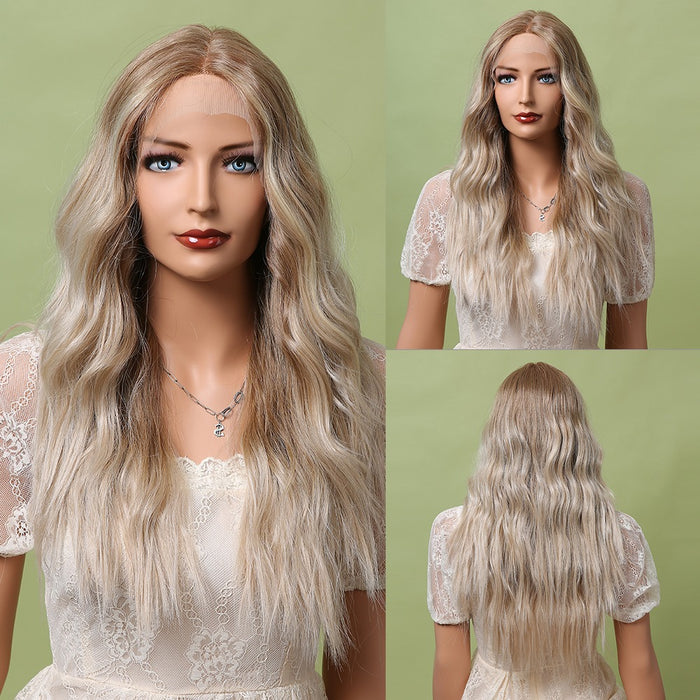 Brown Blonde Synthetic Lace Front Wigs Long Beach Wave Curly Hair Wigs