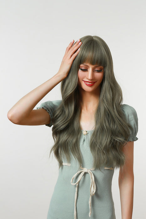 Olive Grey for Women Long Super Wave with Bangs Synthetic Wigs Wholesale Wigs Curly Jewish Wig