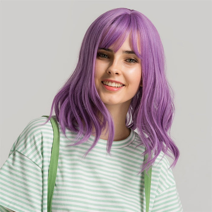 Purple Medium Long Loose Body Wave Wig with Bangs Daily Natural Wigs for Women Synthetic Hair