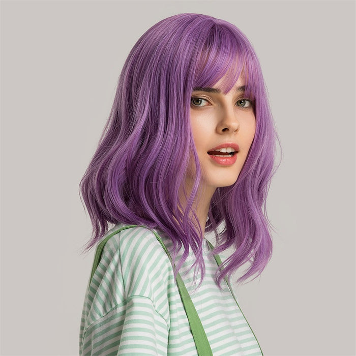 Purple Medium Long Loose Body Wave Wig with Bangs Daily Natural Wigs for Women Synthetic Hair