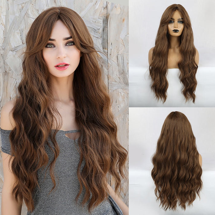 Synthetic Wavy Dark Brown Wigs with Long Bangs Hair for Black Women Curls