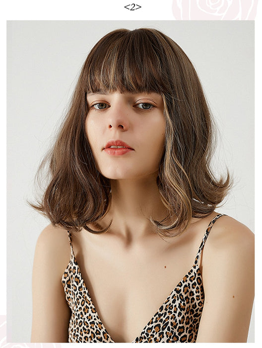 Synthetic Brown Mix Blonde Hair Highlight Short Natural Wave Lolita Bob Wigs With Bangs for Women