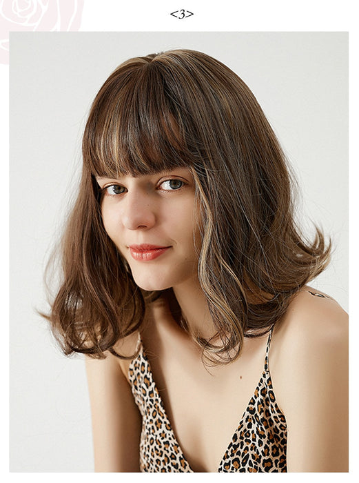 Synthetic Brown Mix Blonde Hair Highlight Short Natural Wave Lolita Bob Wigs With Bangs for Women