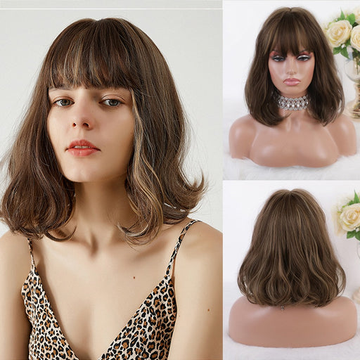 Synthetic Brown Mix Blonde Hair Highlight Short Natural Wave Bob Wigs With Bangs for Women