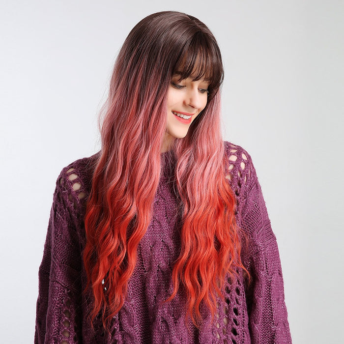 Water Wave Brown Rooted Pink Red Synthetic Hair Wigs Bangs for Women wig