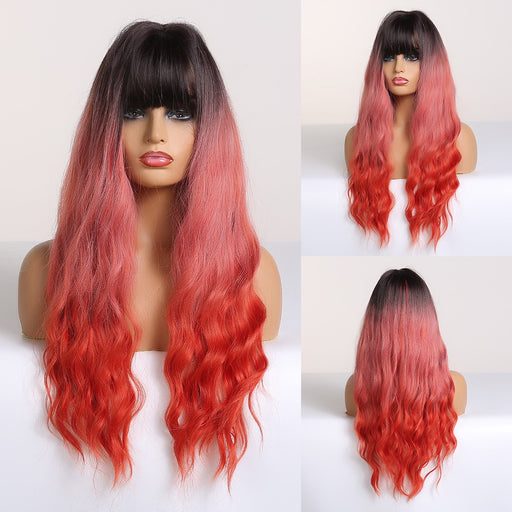 Water Wave Brown Rooted Pink Red Synthetic Hair Wigs Bangs for Women wig