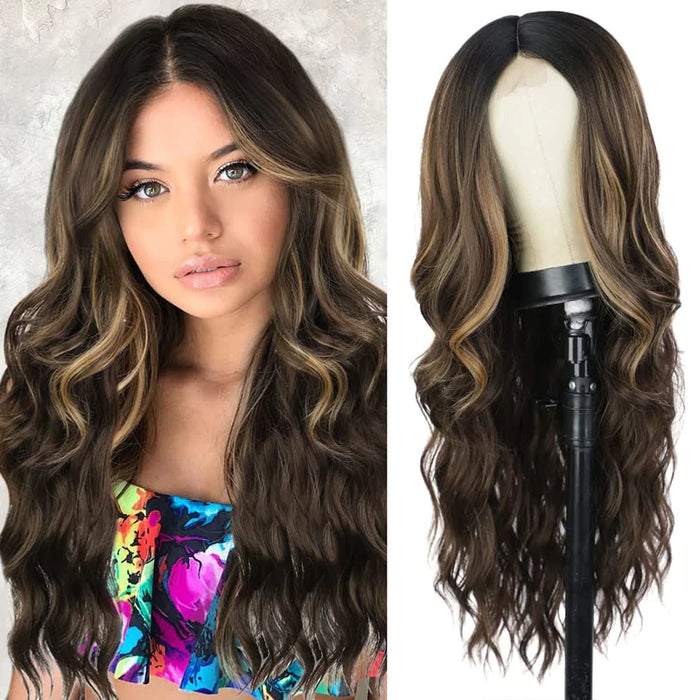 Ins Hot Brown Mixed Blonde Long Wavy Mini Lace Front Wigs