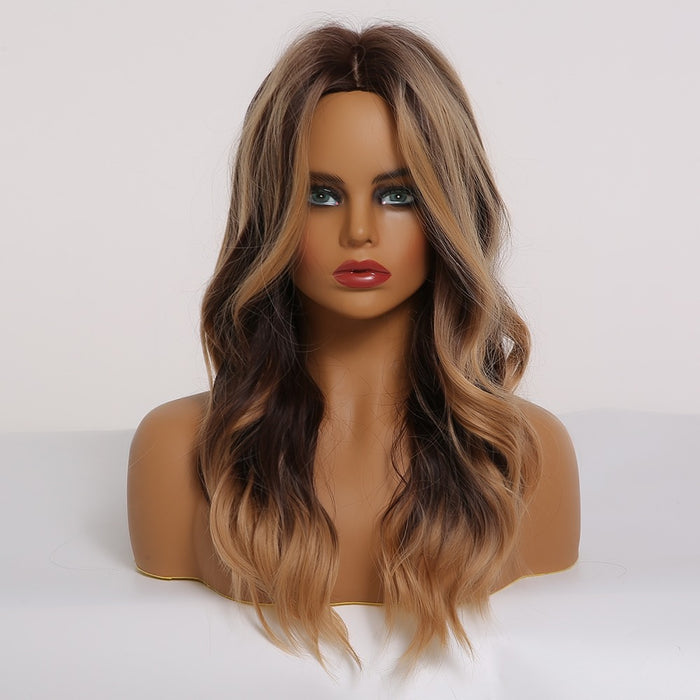 Long Wavy Ombre Black Dark Brown Highlight Synthetic Wigs for Women Wholesale Synthetic Wigs