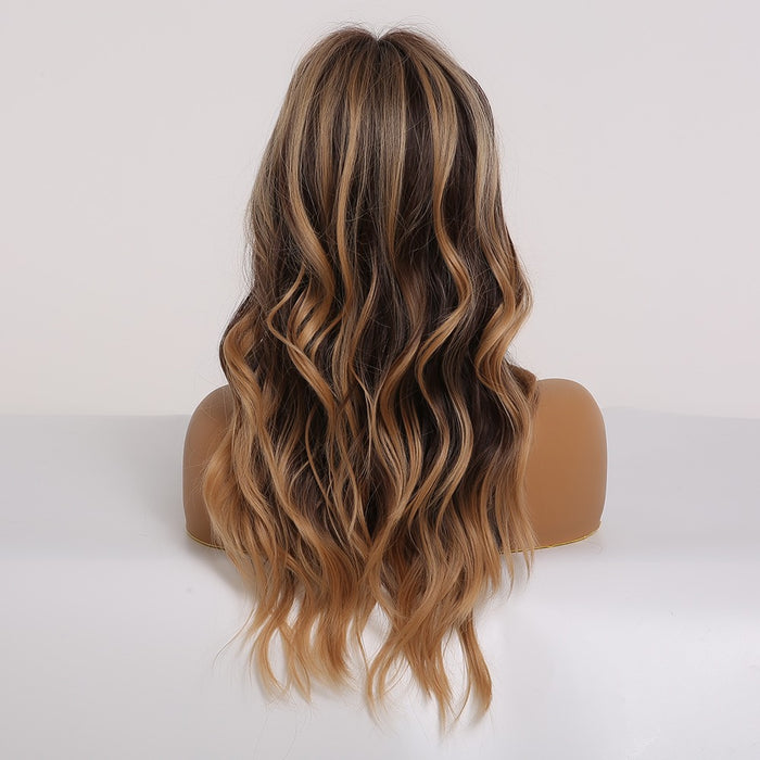 Long Wavy Ombre Black Dark Brown Highlight Synthetic Wigs for Women Wholesale Synthetic Wigs