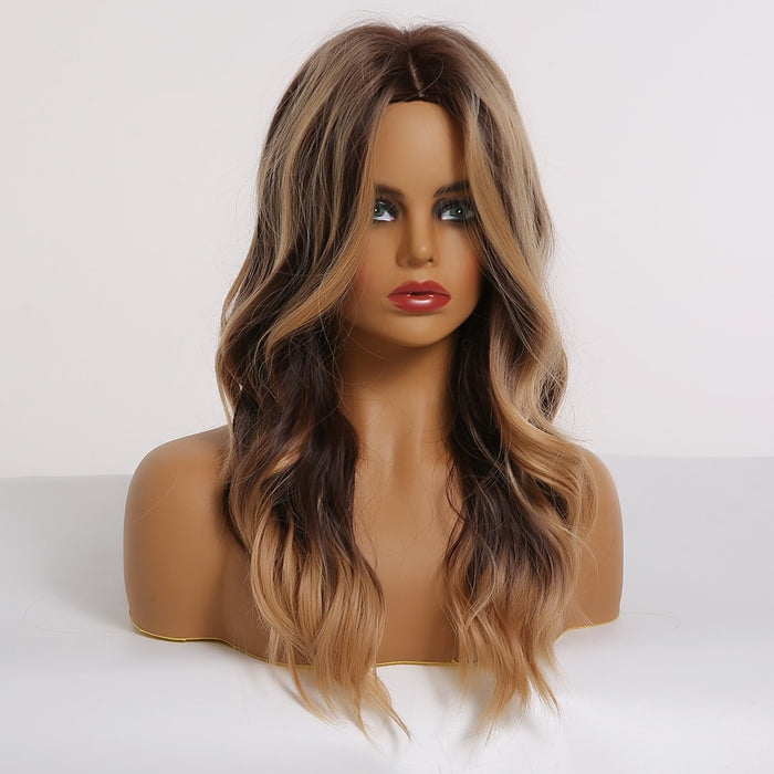 Long Wavy Ombre Black Dark Brown Highlight Synthetic Wigs for Women Wholesale Synthetic Wigs