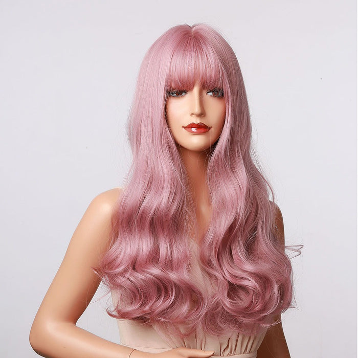 Light Purple Pink Wigs Wavy with Bangs High Temperature Fiber Gift Synthetic Wig for Women