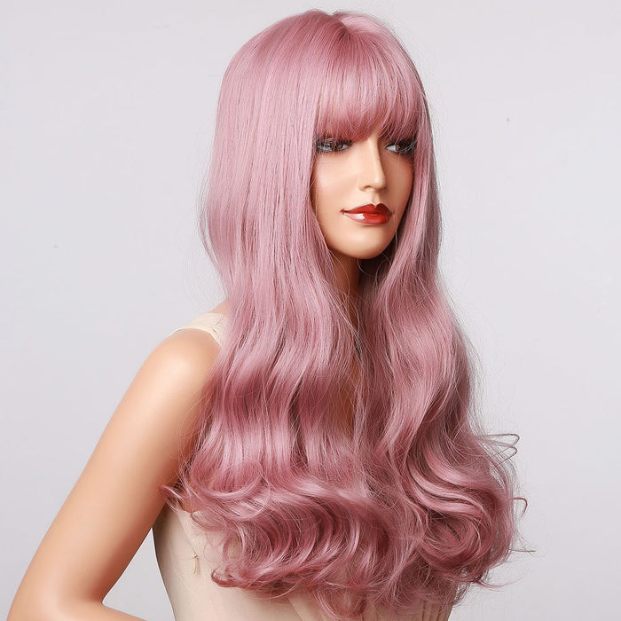 Light Purple Pink Wigs Wavy with Bangs High Temperature Fiber Gift Synthetic Wig for Women