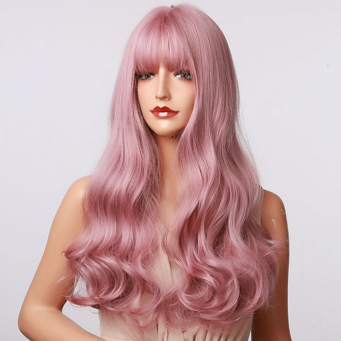 Light Purple Pink Wigs Wavy with Bangs High Temperature Fiber Gift Synthetic Wig for Women