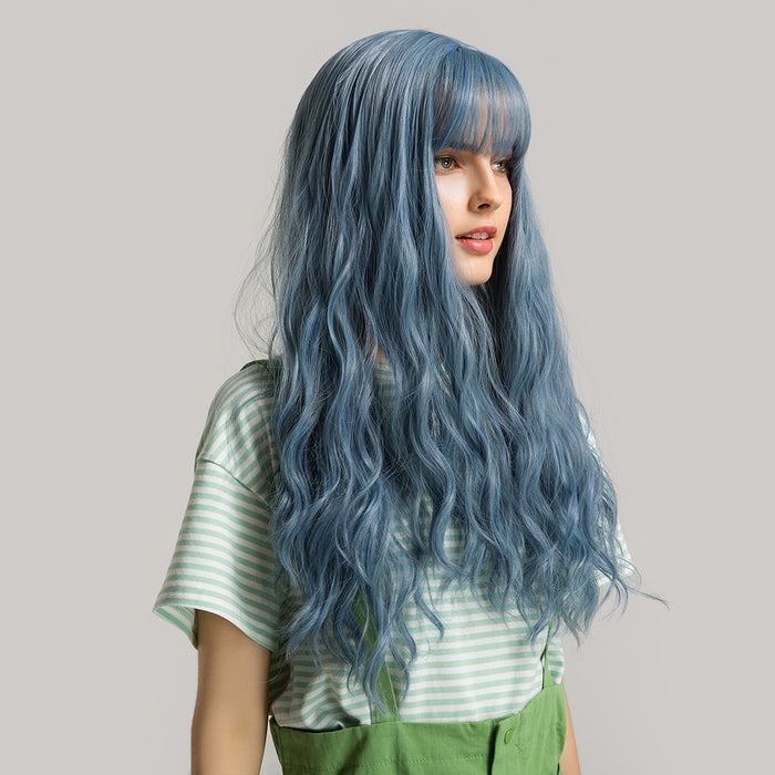 Long Blue Cosplay Party Lolita Wigs with Bangs Water Wave Synthetic Wigs for White Women Afro