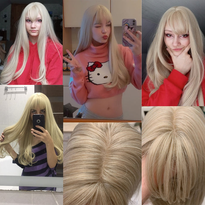 synthetic wigs Long Natural Wavy Platinum Blonde Wigs with Bangs Synthetic Wigs for Women