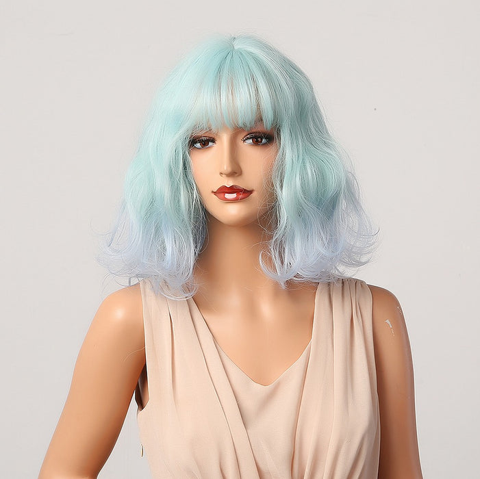 Short Bob Wavy Synthetic Wigs with Bangs Light Green Sky Blue Cosplay Party Lolita Cute Wigs for Women Girl