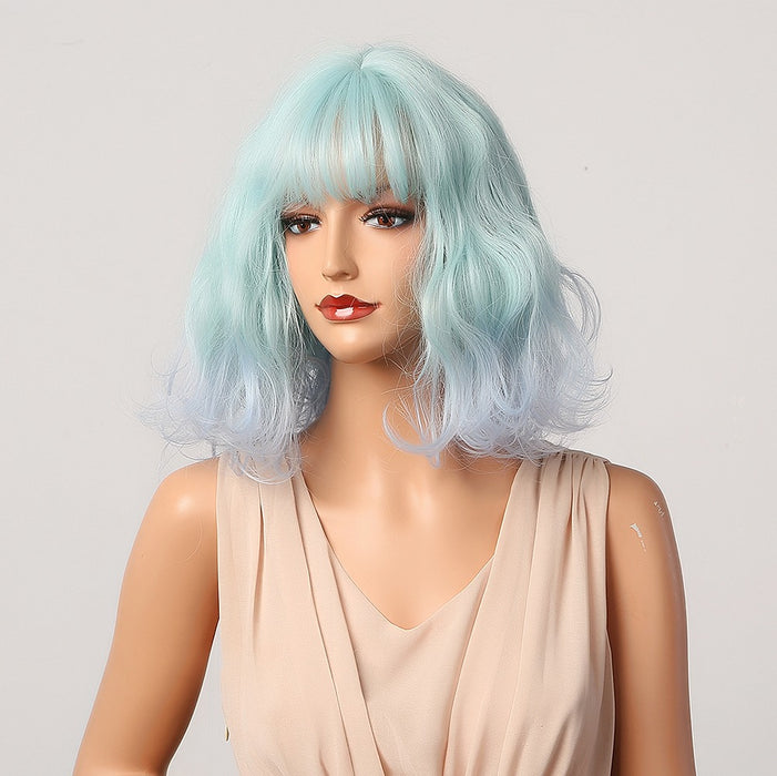 Short Bob Wavy Synthetic Wigs with Bangs Light Green Sky Blue Cosplay Party Lolita Cute Wigs for Women Girl