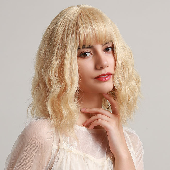 Short Wavy Blonde Bob Wigs for Women Curly premium Synthetic Hair Wig with Bangs Heat Resistant Fiber