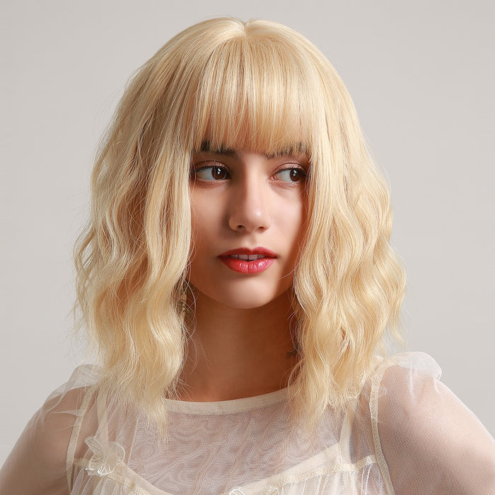 Short Wavy Blonde Bob Wigs for Women Curly premium Synthetic Hair Wig with Bangs Heat Resistant Fiber