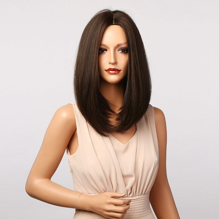 Straight Black Brown Synthetic Wigs with Highlight for Women Shoulder Length Heat Resistant Bobo Hair