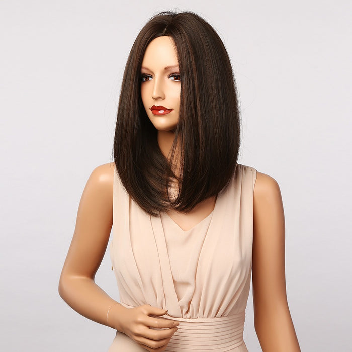 Straight Black Brown Synthetic Wigs with Highlight for Women Shoulder Length Heat Resistant Bobo Hair