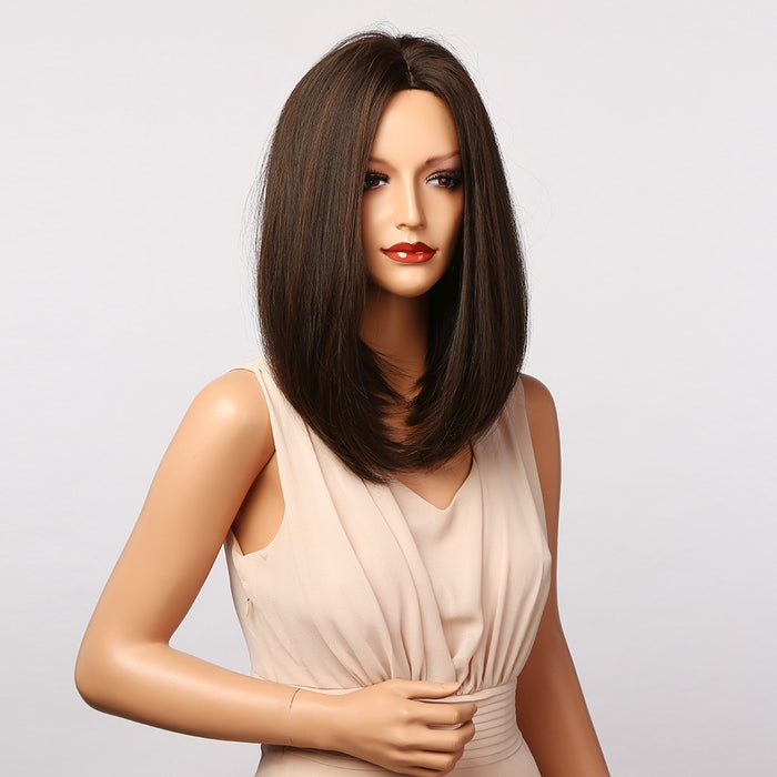 Straight Black Brown Synthetic Wigs with Highlight for Women Shoulder Length Heat Resistant Bobo Hair