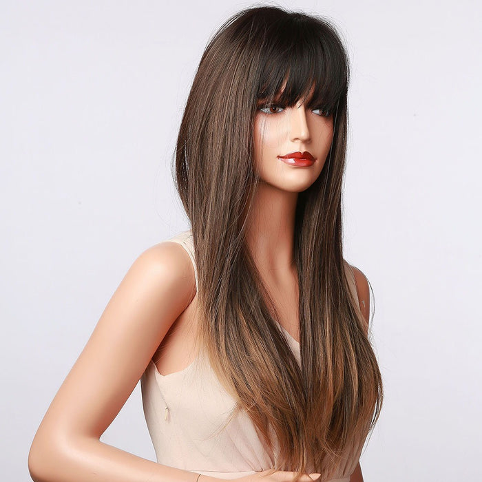 Synthetic Wigs for Black Women Long Straight Hair Dark Brown Golden Bangs Wig Synthetic Afro Wig