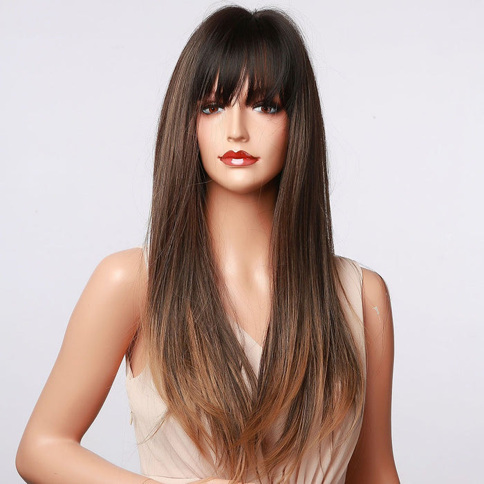 Synthetic Wigs for Black Women Long Straight Hair Dark Brown Golden Bangs Wig Synthetic Afro Wig