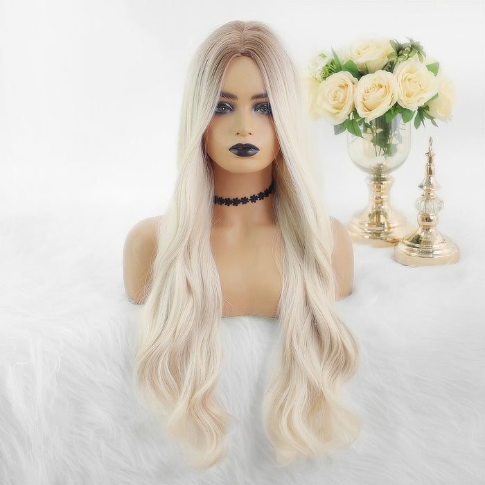 Synthetic Wavy Brown Root Ombre Platinum Wigs for Black White Women Synthetic Wig Bangs