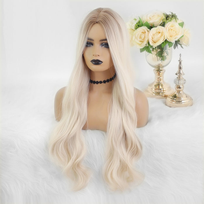 Synthetic Wavy Brown Root Ombre Platinum Wigs for Black White Women Synthetic Wig Bangs