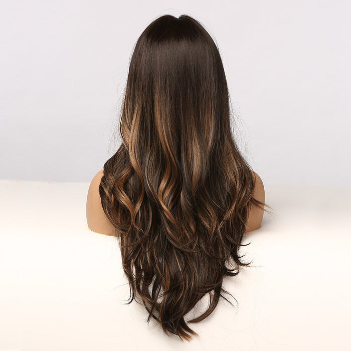 Long Wavy Ombre Black Brown Golden Synthetic Hair Wig