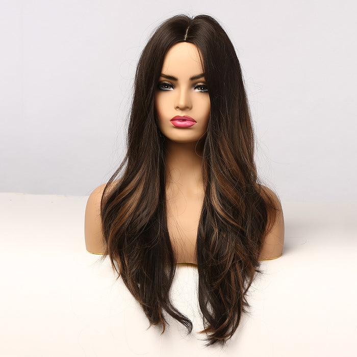 Long Wavy Ombre Black Brown Golden Synthetic Hair Wig