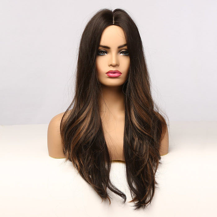 Long Wavy Ombre Black Brown Golden Synthetic Hair Wig