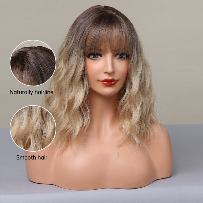 Short Bob Synthetic Wig with Bangs Black Blonde Wave Wig Shoulder Length Natural Heat Resistant Hair