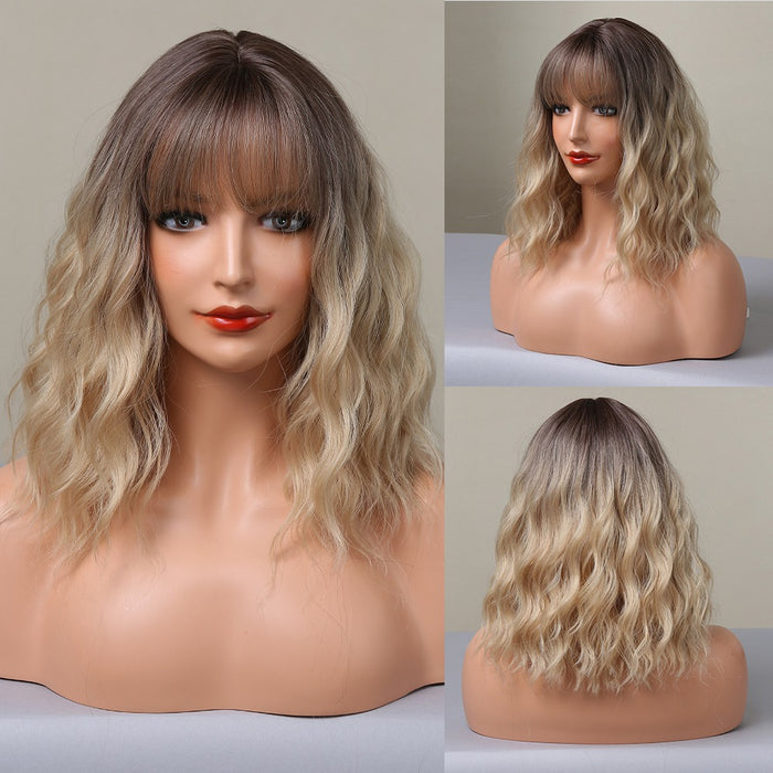 Short Bob Synthetic Wig with Bangs Black Blonde Wave Wig Shoulder Length Natural Heat Resistant Hair