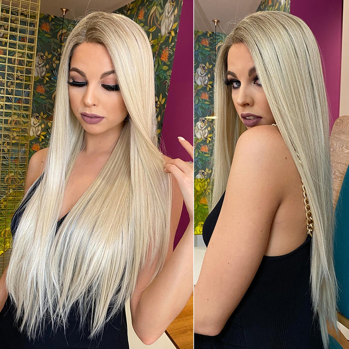 Lace Front Wigs Long Straight Blonde White Hair Synthetic Heat Resistant Transparent Hd Lace Frontal Wig