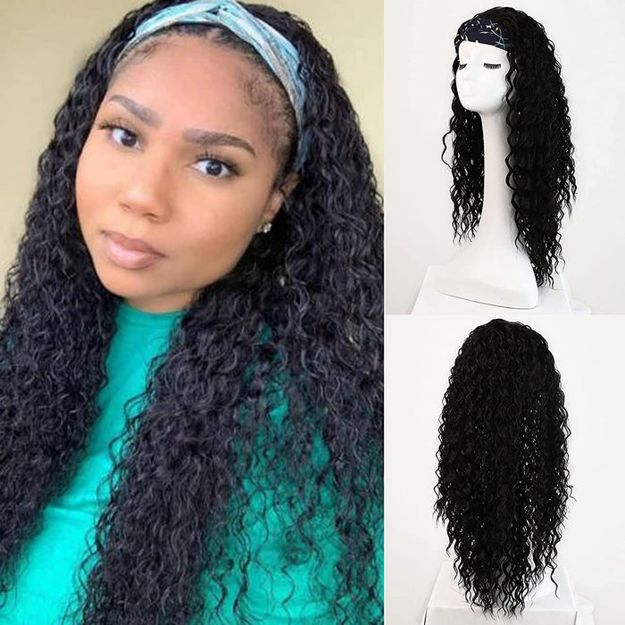 Long Black Kinky Curly Headband Wigs for Black Women Afro Natural Daily Synthetic Hair wig headband