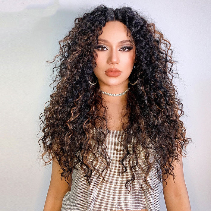 Long Kinky Curly Middle Part Ombre Black Brown Highlight Lace Synthetic Wig for Women