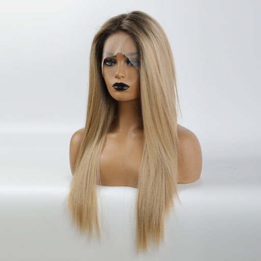 Long Straight Wig Front Lace Synthetic Wigs Brown Ombre Blonde for Women Daily Hair High Density Heat Resistant