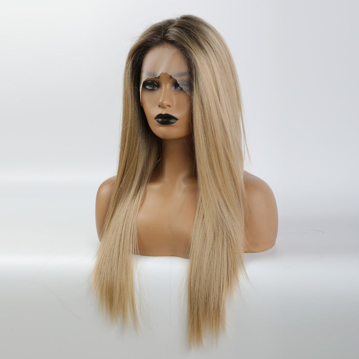 Long Straight Wig Front Lace Synthetic Wigs Brown Ombre Blonde for Women Daily Hair High Density Heat Resistant