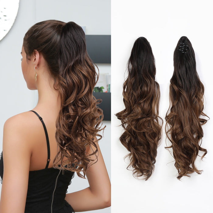 Long Wavy Curly Hair Extension Jaw Clip Hairpiece Synthetic Pony Tail Dark Brown