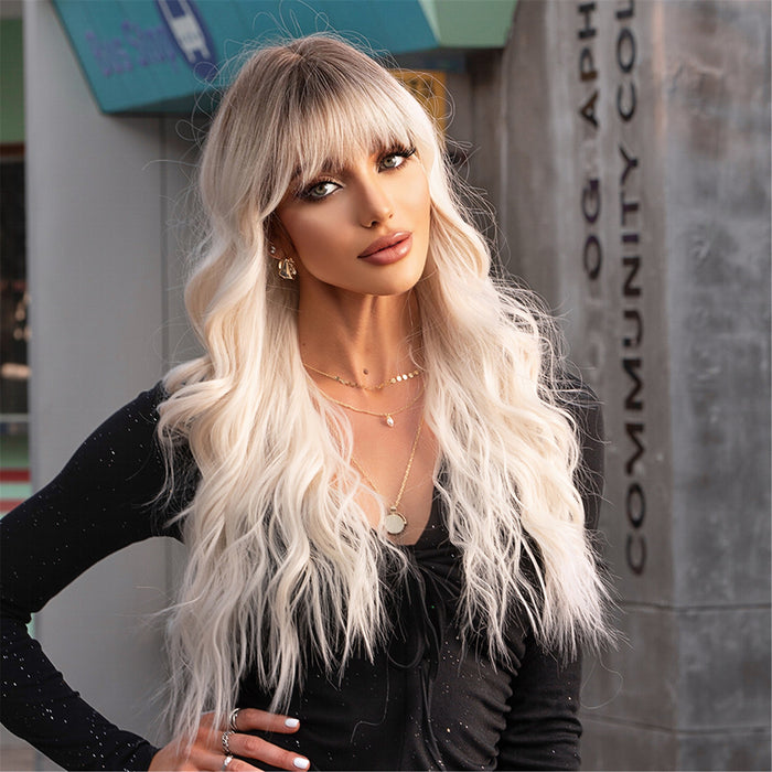 Long Platinum Wave Synthetic Wig for White Women Ombre Light Blonde Wigs With Bangs Daily