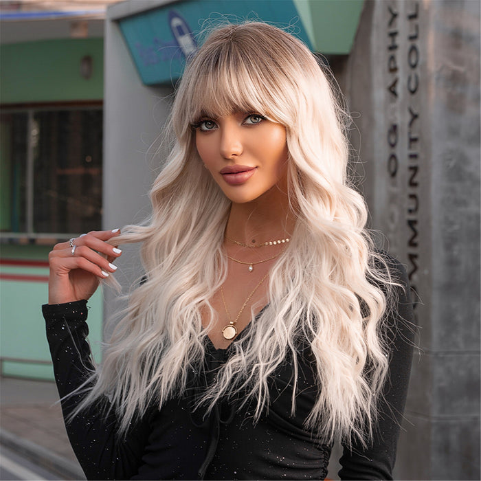 Long Platinum Wave Synthetic Wig for White Women Ombre Light Blonde Wigs With Bangs Daily