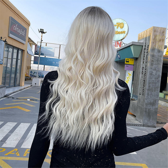 Long Platinum Wave Synthetic Wig for White Women Ombre Light Blonde Wigs With Bangs Daily