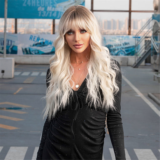 Long Platinum Wave Synthetic Wig for White Women Ombre Light Blonde Wigs With Bangs Daily