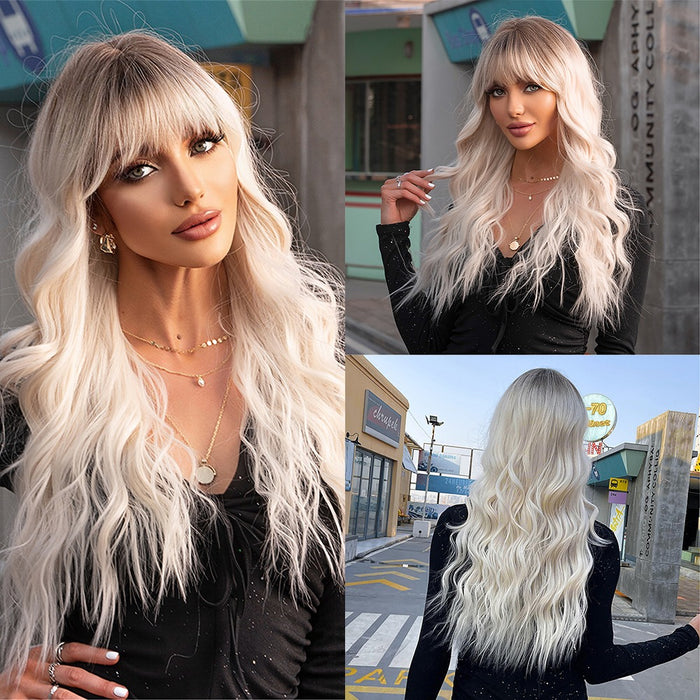 Long Platinum Wave Synthetic Wig for White Women Ombre Light Blonde Wigs With Bangs Daily